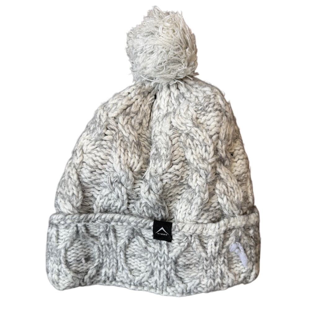 K-Way Cable Knit Faux Fur Pom Beanie Gray One Size